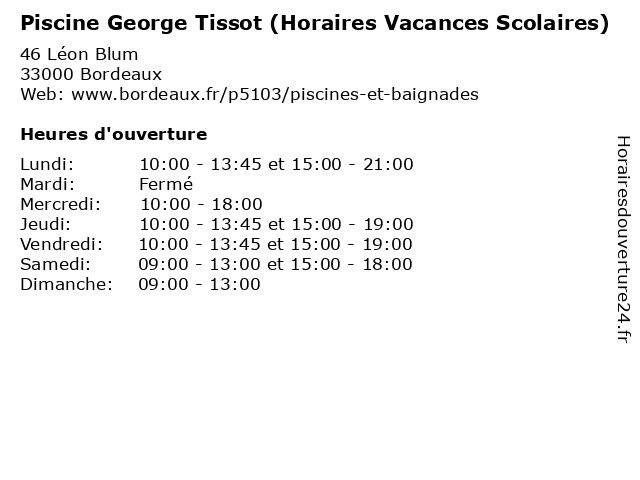 Horaires d ouverture Piscine George Tissot Horaires Vacances